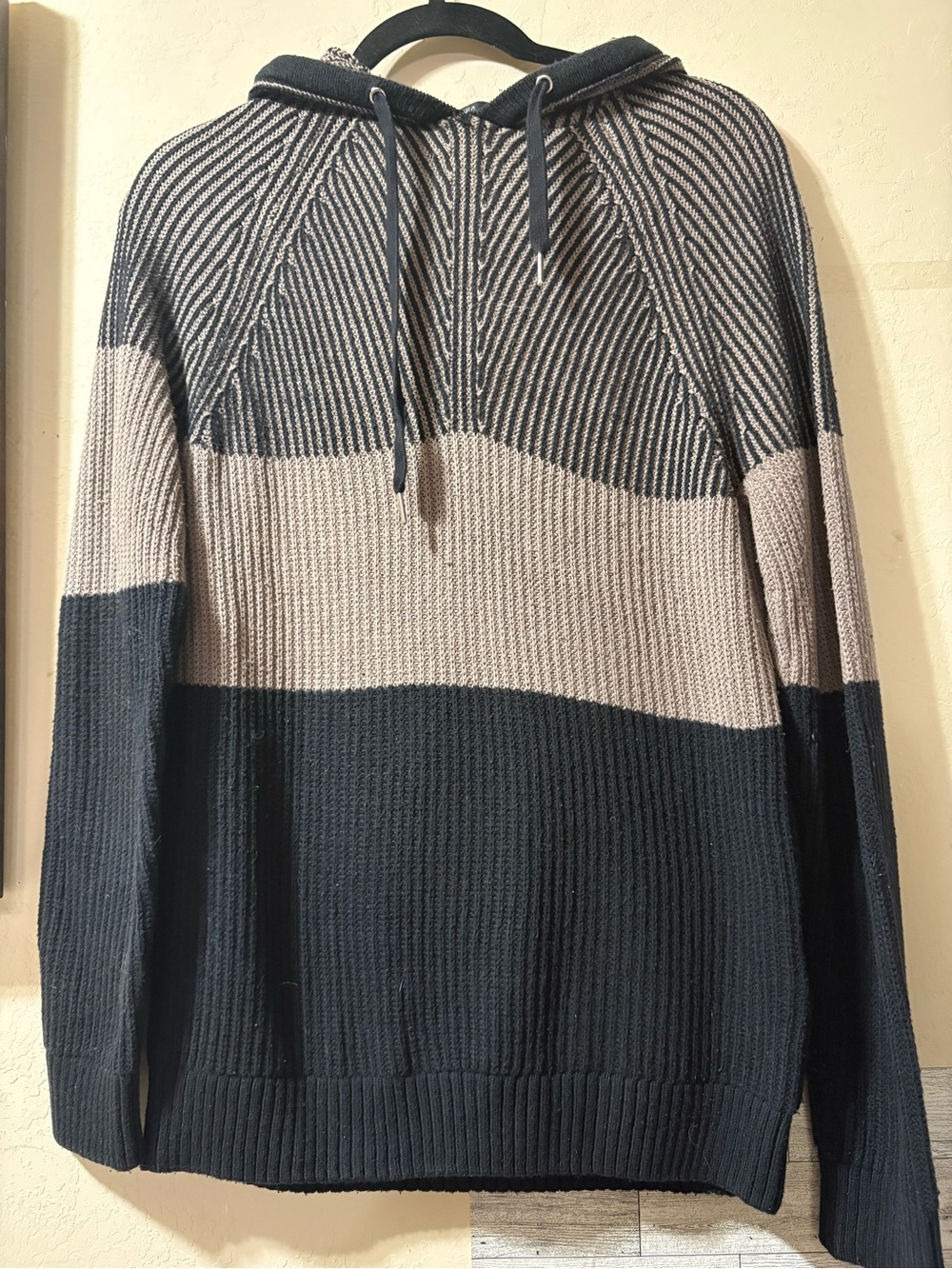 INC International Concepts Black & Cream Striped Hooded Knit Sweater